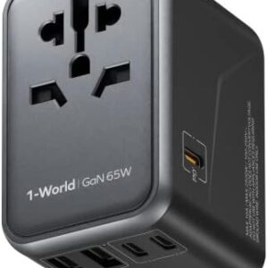 MOMAX Universal Travel Adapter, 65W GaN Travel Plug Adapter with UK,EU,AU,US Plugs, 3USB-C PD & 2USB-A QC Worldwide International Adapter Charger, International Converter for Laptops Tablets Phones