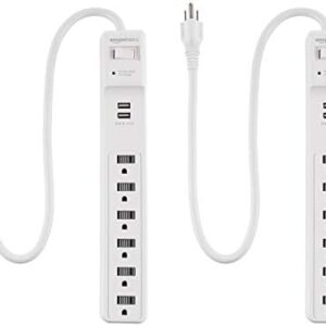 Amazon Basics 6-Outlet Surge Protector Power Strip, 2 USB Ports, 2 Ft Cord - 500 Joule, White, 2-Pack