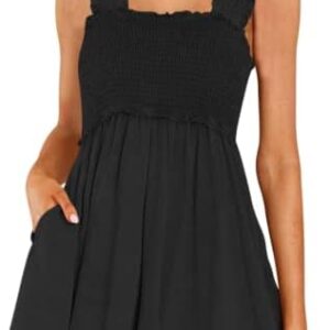 DEEP SELF Women Summer Sleeveless Romper Square Collar Ruffle Straps Flowy Short Jumpsuit with Pockets