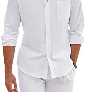 COOFANDY Linen Sets For Men 2 Piece Button Down Shirt Long Sleeve And Casual Beach Drawstring Waist Shorts Summer Outfits