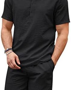 COOFANDY Men's 2 Pieces Linen Set Casual Henley Shirts Short Sleeve Beach Yoga Shorts Summer Pants Outfits
