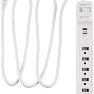 Amazon Basics Rectangular 6-Outlet Surge Protector Power Strip with 2 USB Ports - 1000 Joule, White, 6 ft