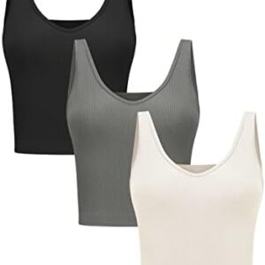Relety Women's 3 Piece Workout Crop Tank Tops Ribbed Seamless Sleeveless Athletic Yoga Reversible Crop Tops for Women