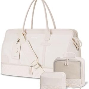 ETRONIK Weekender Overnight Bag for Women, Large Travel Duffle Bag with Shoe Compartment & Wet Pocket, Carry On Tote Bag Gym Duffel Bag with Toiletry Bag, Bag for Hospital 4 Pcs Set, Beige