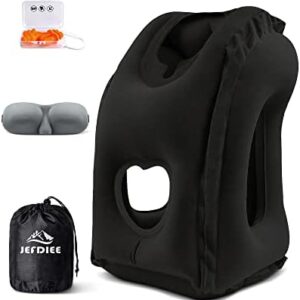 JefDiee Inflatable Travel Pillow, Airplane Neck Pillow Comfortably Supports Head and Chin for Airplanes, Trains, Cars and Office Napping with 3D Eye Mask, Earplugs and Portable Drawstring Bag (Black)