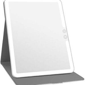 deweisn Folding Compact Lighted Makeup Mirror with 3 Colors Light,Rechargable 2000mA Batteries Mirror with Dimming,Lighted Mirror with PU Cover Leather