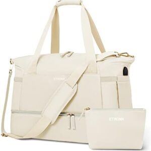 Gym Bag for Women, Sports Travel Duffel Bag with USB Charging Port, Weekender Overnight Bag with Wet Pocket and Shoes Compartment for Women, Travel, Gym, Yoga (Beige) Medium