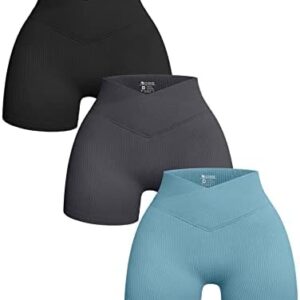 OQQ Women's 3 Piece Yoga Shorts Ribbed Seamless Workout High Waist Cross Over Athletic Leggings
