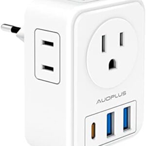 European Travel Plug Adapter, AUOPLUS International Power Plug Adapter with 3 USB Ports (1 USB C), 4 AC Outlets Cruise Ship Essentials for US to Most of Europe Spain Italy France Germany