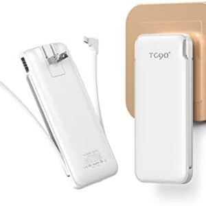 TG90° Power Bank with Built in AC Wall Plug, Ultra Slim 10000mah Portable Charger with Built in Cables External Battery Pack Compatible with iPhone Android Smart Devices