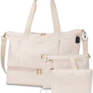 ETRONIK Weekender Bag for Women, Expandable Travel Duffel Bag with USB Charging Port, Gym Bag with Shoe Compartment and Wet Pocket, Carry On Tote Bag for Women Travel Airplanes 3Pcs Set, Beige