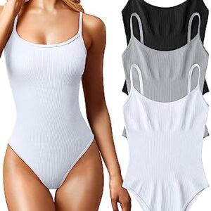 OQQ Women's 3 Piece Bodysuits Sexy Ribbed Sleeveless Adjustable Spaghetti Strip Tops Shapewear Bodysuits