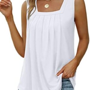 Saloogoe Summer Tank Tops for Women Loose Fit Pleated Square Neck Sleeveless Tops Curved Hem Flowy