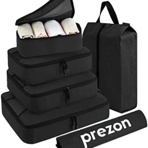 Prezon Premium 6 Set Packing Cubes, Essential Luggage Organizer Bags for Travel Accessories with Laundry Bag & Travel Shoe Bag Black