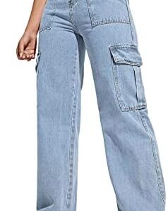 SweatyRocks Women's High Waist Cargo Jeans Flap Pocket Wide Leg Denim Pants