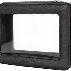 Aveniee Clear Makeup Bag Organizer, Portable Travel Toiletry Cosmetic Bag Case for Women, Heavy Duty Make Up Pouch with Transparent Vinyl Windows & Gold Zippers(Black)