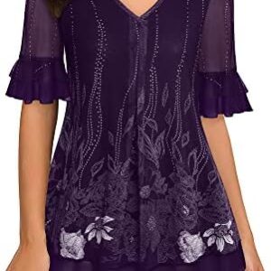 VALOLIA Women's Short Sleeve Tunic Tops Casual Loose Fit Floral Blouses Mesh Pleated Layered Shirt