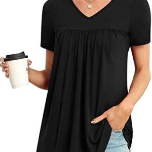 LAOLASI Womens Summer Tops V Neck Short Sleeve Casual Shirt Flowy Tunic Blouse