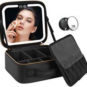 VANMRIOR Travel Makeup Bag with LED Lighted Make up Case with Mirror 3 Color Setting Cosmetic Makeup Box Organizer Vanity Case for Women Beauty Tools Accessories Case Rechargeable