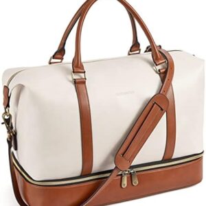 BOSTANTEN Weekender Bags for Women Leather Travel Duffle Bag Carry On Overnight Duffel with Shoe Compartment, Beige&Brown