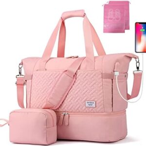 Travel Bags for Women, Weekender Bag with Shoe Compartment, Gym Tote Bags with USB Charging Port,Overnight Duffle Bag with Trolley Sleeve, Pink