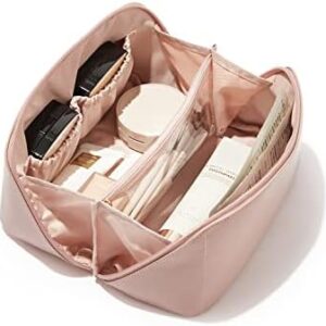EACHY Travel Makeup Bag - Waterproof Pink Cosmetic Bags for Women and Girls, Make Up Organizer with Dividers and Handle, Aesthetic Makeup Bags for Traveling(Pink)