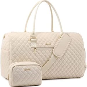 LOVEVOOK Travel Duffle Bag, Weekender Bag for Women with Toiletry Bag, Carry on Overnight Bag with Shoe Compartment, Gym Duffel Bag with Wet Pocket, Mommy Hospital Bags for Labor and Delivery Beige