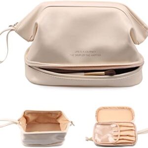 Abiudeng Makeup Bag,Double Layer Cosmetic Bag,Travel Makeup Bag,Leather Makeup Bag, Cosmetic Travel Bags,Portable Leather Toiletry Bag,Roomy Cosmetic Bag for Women and Girls.White