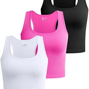 OQQ Women's 3 Piece Crop Tank Tops Ribbed Seamless Workout Sleeveless Shirts Racerback Crop Tops