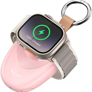 GagaKing Portable Charger for Apple Watch, 1400mAh iWatch Charger Wireless Fast Charging Power Bank, Magnetic Travel Car Keychain Charger for Apple Watch Series 8/7/6/5/4/3/2/SE/Ultra, Pink