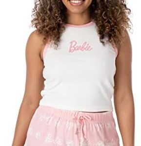 Barbie Ladies Short Pyjamas Womens Doll Logo Ribbed White Vest With Pink Elasticated Shorts Sleepwear Merchandise