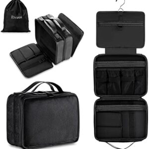 Elviros Hanging Travel Toiletry Bag for Men, 3 In 1 Large Makeup Bag Organizer for Women, Water-resistant PU Leather Dopp Kit Shaving Bag for Bathroom Toiletries, Cosmetics (Black)
