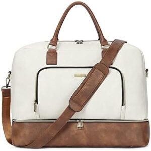 CLUCI Travel Duffel Bag for Women Leather Oversized Weekender Overnight Bags with Shoe Compartment Beige with Brown