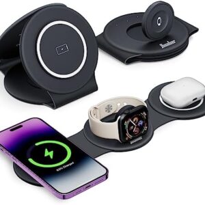 3 in 1 Charging Station for Apple, Hicober Travel Wireless Charger for Magsafe Charger Foldable Stand Compatible for Multple Devices for Apple Watch/iWatch/Airpods/for iPhone 14 13 12 Black