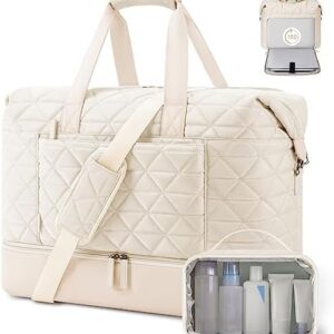 ETRONIK Weekender Bag for Women with 17 inch Laptop Compartment, 44L Travel Duffle Bag with Shoe Compartment & Wet Pocket, Carry on Overnight Bag with Toiletry Bag for Travel, Hospital, Sports, Beige