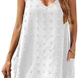 Blooming Jelly Womens Casual Sun Summer Dresses Swiss Polka Dot Beach Cover Up V Neck Tank Dress with Pockets
