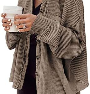 chouyatou Women's Loose Fit Batwing Sleeve Waffle Knit Button Down Shirt Shacket Tops