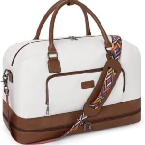 CLUCI Weekender Bags for Women Canvas Duffle Bag Travel Overnight Bags Carry On Tote with Shoe Compartment Beige with Brown