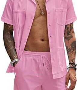 COOFANDY Men's 2 Pieces Guayabera Shirts Set Casual Linen Short Sleeve Button Down Shirts and Shorts Outfits