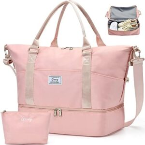 Gym Bags for Women Sport Duffel Bag with Toiletry Bag Shoulder Weekender Bags with Shoe Compartment Carry on Duffle Travel Bags Large Capacity Overnight Bags(Pink with Make Up Bag)
