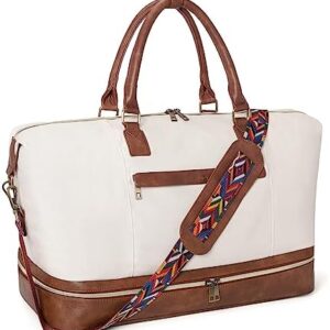 CLUCI Weekend Bags for Women Travel Canvas Carry on Bags for Airplanes Travel Bags with Shoe Compartment Beige with Brown