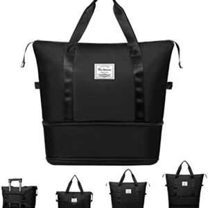 Large Capacity Folding Travel Bag, Expandable Portable Waterproof Travel Duffel Bags, Lightweight Weekender Overnight Carry on Bag for Travel Sports Gym, A Black