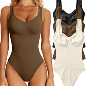 OQQ Women's 3 Piece Bodysuits Sexy Ribbed Sleeveless Shapewear Tank Tops Bodysuits