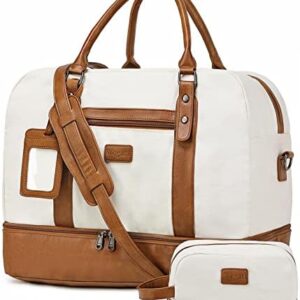 Wogarl Weekender Bags for Women Large Overnight Bag Weekend Travel Duffel Bag Carry on Shoulder with Shoe Compartment Canvas Toiletry Bag Tote with Trolley Sleeve for Travel Business Gym,Beige