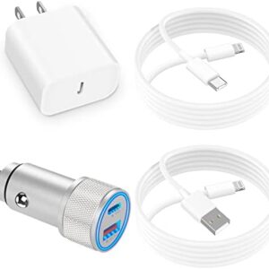 Braveridge iPhone Fast Car Charger, [Apple MFi Certified] 48W Dual USB-C PD/QC 3.0 Power Car Charger with 2 Pack Lightning Cord + 20W iPhone Charger Quick Charging for iPhone 14/13/12/11/XS/XR/SE/iPad