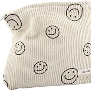 GUTGNK Cosmetic bags for women, Cute Smile Face makeup bag, travel makeup bag small makeup bag for purse organizer makeup organizer Aesthetic Stuff,Zippered Corduroy make up bag makeup pouch - Beige