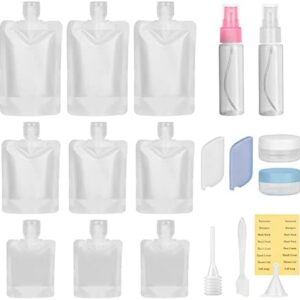 Travel Pouches for Toiletries 19 Pack, TSA Approved Squeeze Flat Bottle Pouches, Refillable Travel Size Containers, Reusable Spray Bottles Jars, Portable Travel Accessories for Shampoo Lotion Liquids