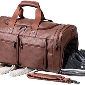 Leather Travel Bag with Shoe Pouch,Weekender Overnight Bag Waterproof Leather Large Carry On Bag Travel Tote Duffel Bag for Men or Women-Brown