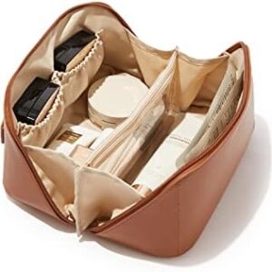 EACHY Travel Makeup Bag,Large Capacity Cosmetic Bags for Women,Waterproof Portable Pouch Open Flat Toiletry Bag Make up Organizer with Divider and Handle (Brown)