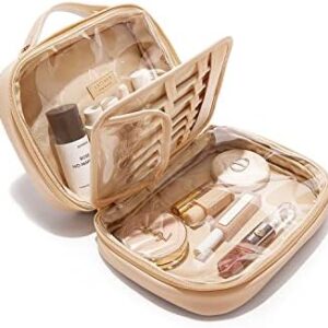 EACHY Travel Makeup Bag, Waterproof Cosmetic Bags for Women, Large Capacity PU Leather Make Up Organizer with Portable and Stylish (Beige)